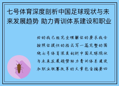 七号体育深度剖析中国足球现状与未来发展趋势 助力青训体系建设和职业联赛改革